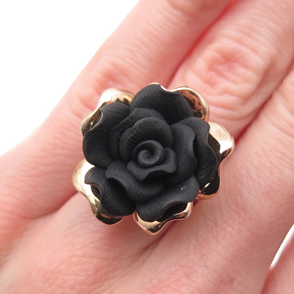 925 Sterling Silver Gold Plated Italy Lavastone Rose Flower Ring Size 5.25